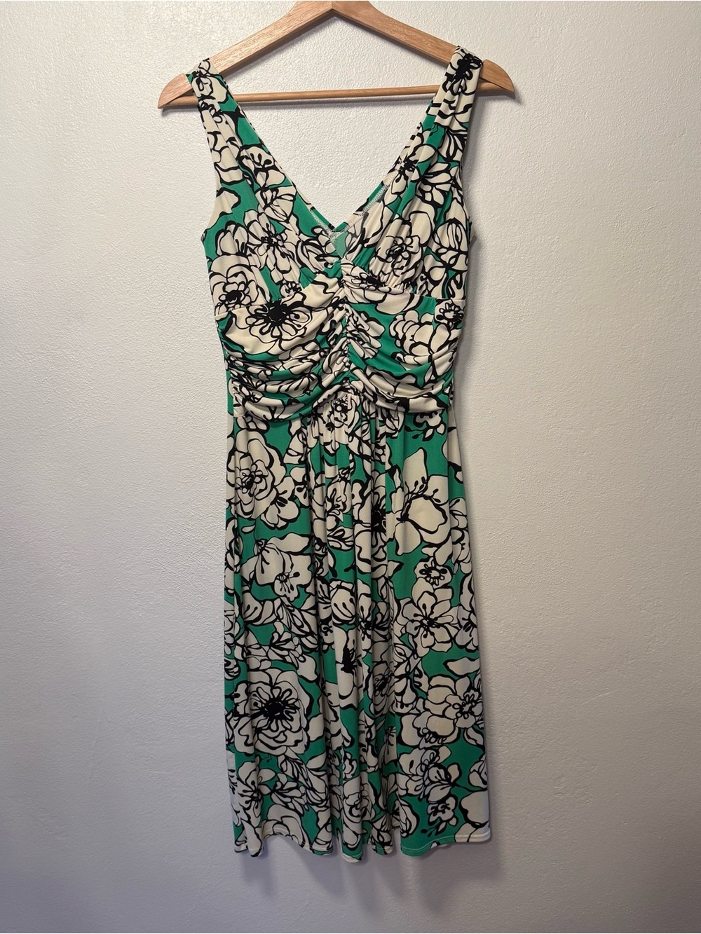 Bisou Bisou Green & Ivory Floral Print Y2K Midi Dress Ruche Detail Womens Size 8 - Picture 8 of 16